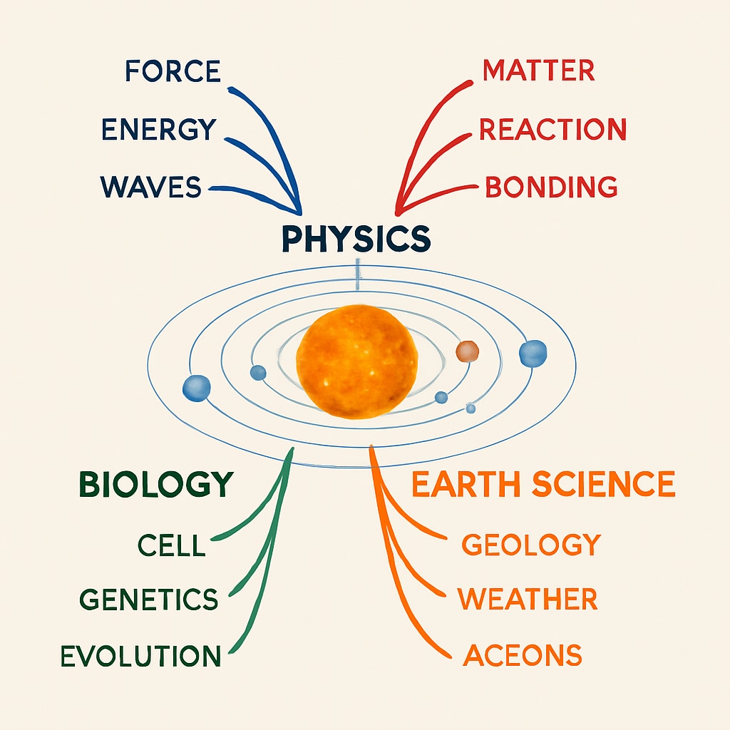 Digital mind map example showing color-coded branches connecting science concepts, with central image of the sun and planetary orbits radiating outward Educational tools visualization content example for student assistance