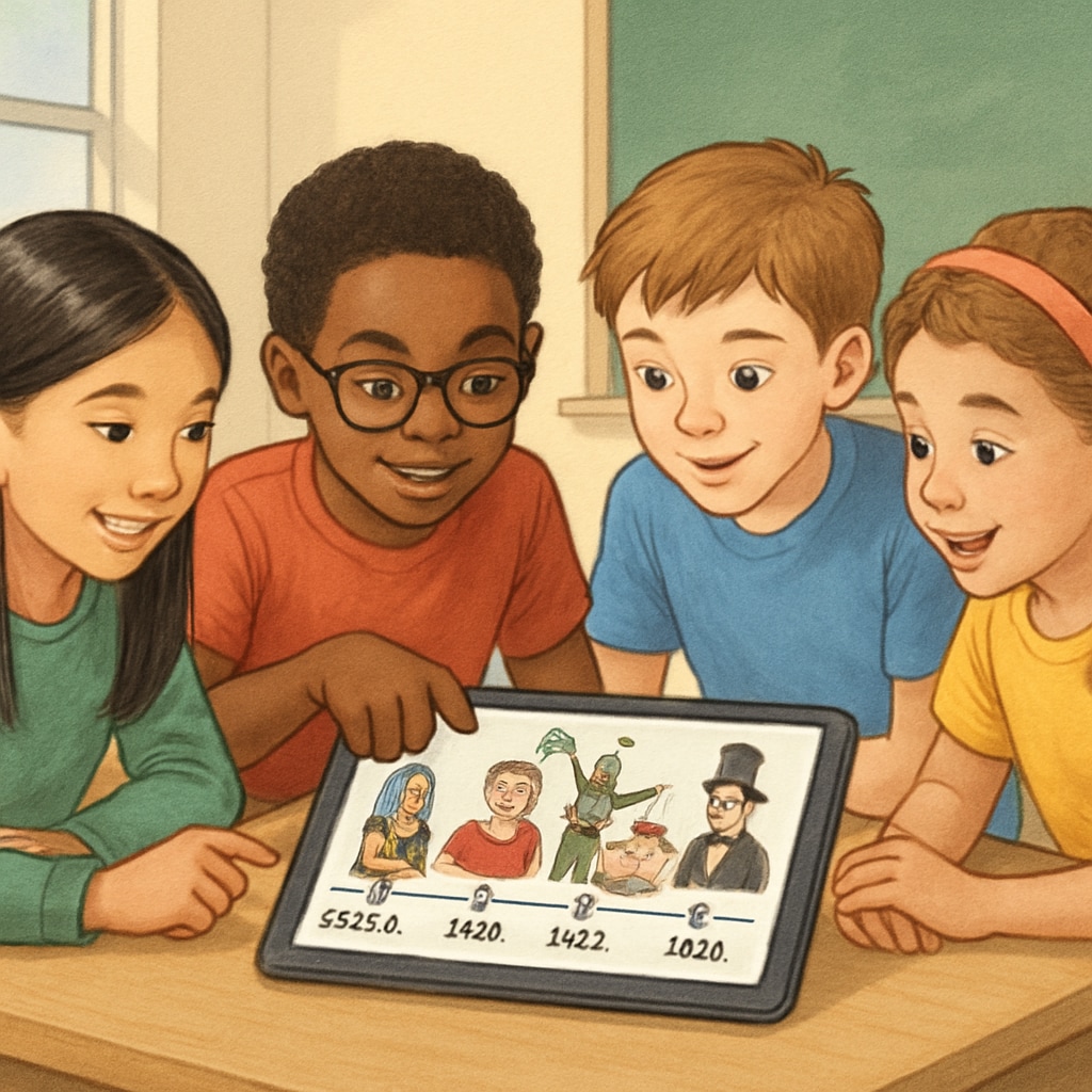 Diverse group of elementary students collaborating around tablet showing animated timeline with historical figures and events K12 students using visualization tools for learning assistance