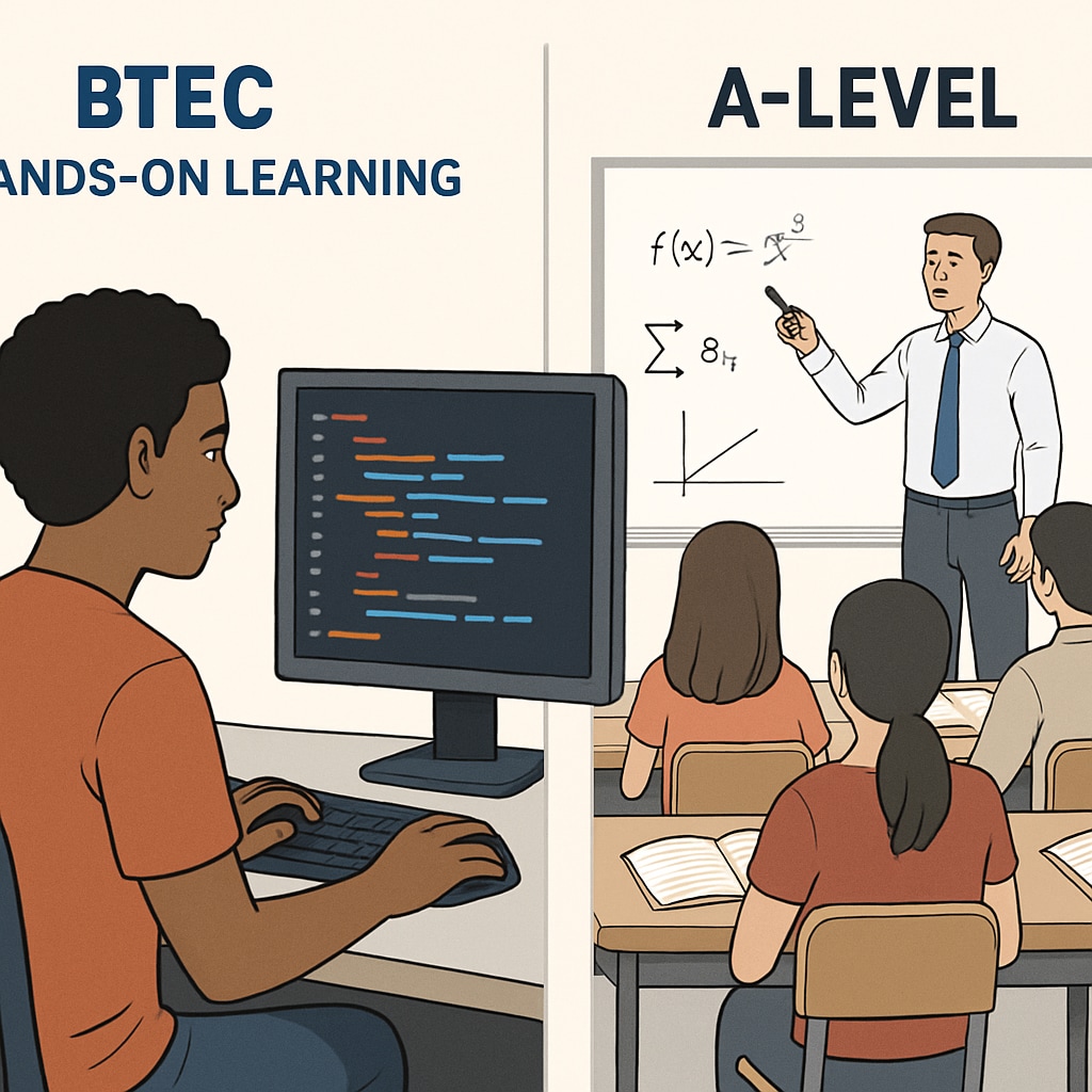 A student working on a computer science project, comparing hands-on BTEC learning with traditional A-level classroom setting BTEC vs A-level Computer Science learning comparison