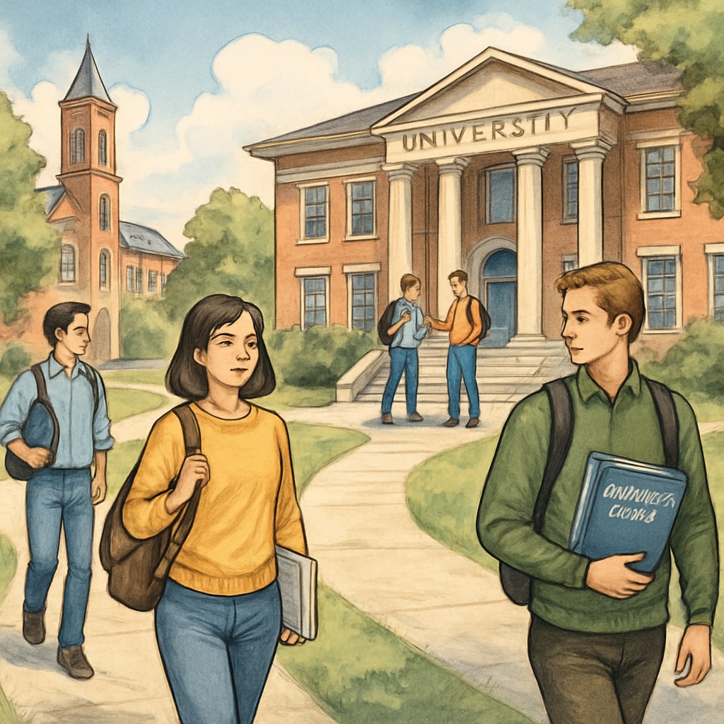 University campus with students walking, representing higher education pathways for Computer Science students University applications for Computer Science qualifications