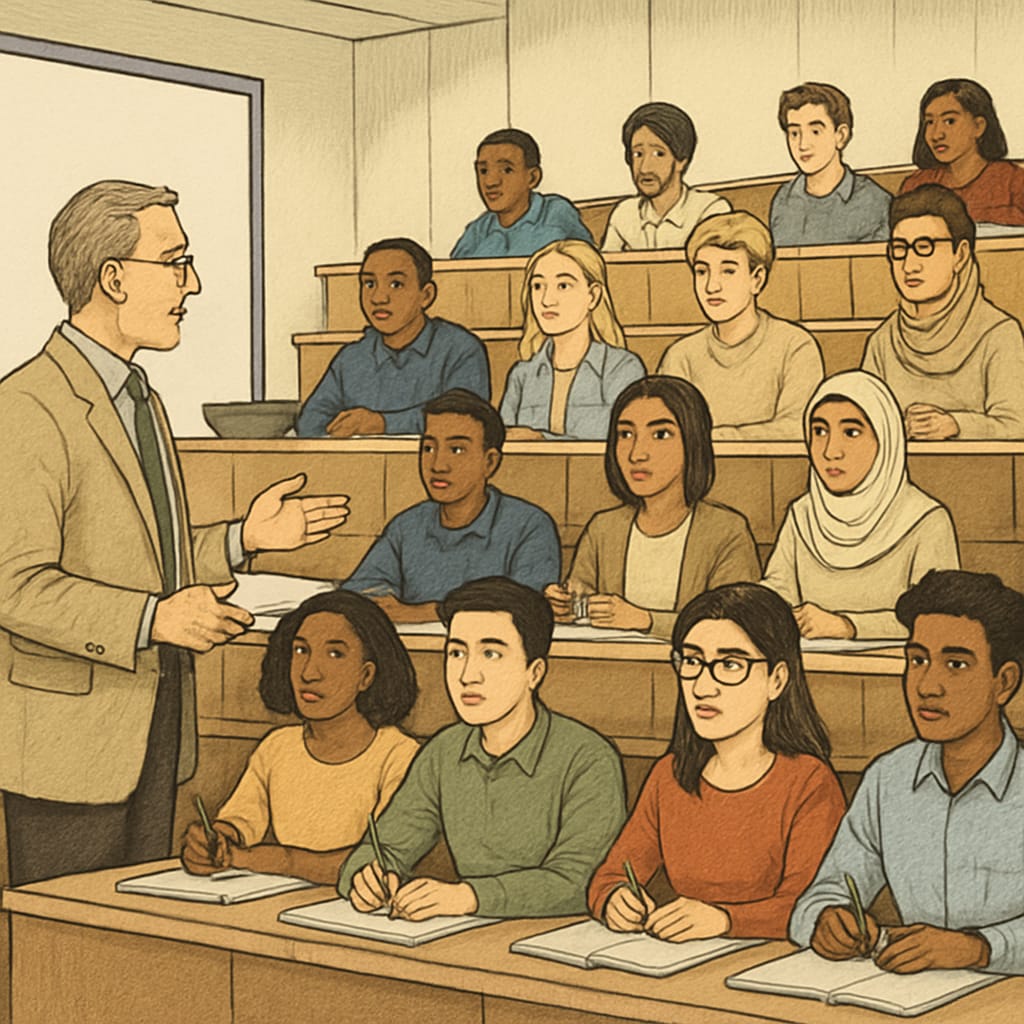 A diverse group of international students listening to a professor in a modern university lecture hall. International students attending a lecture in Germany