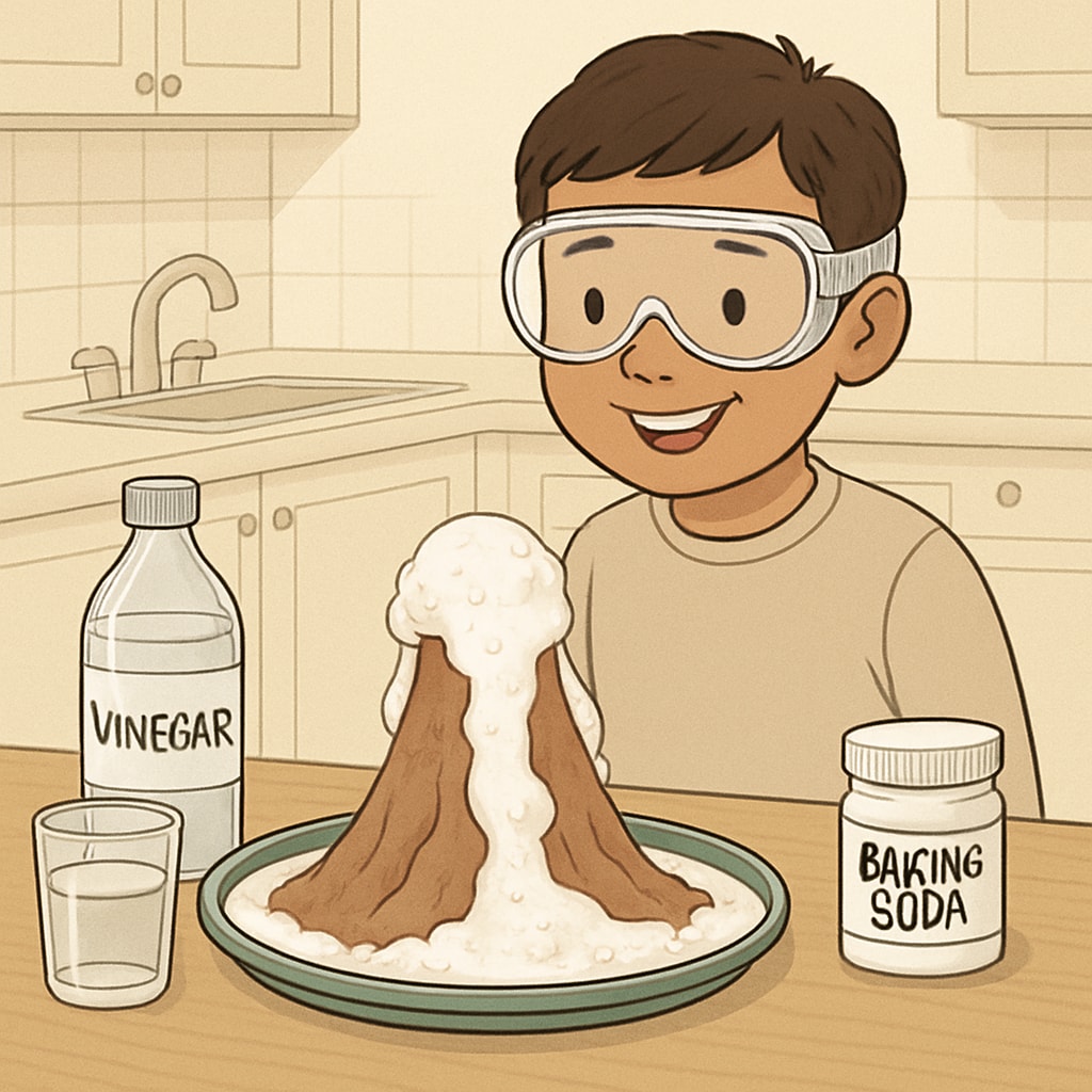 Child conducting family science experiment with baking soda volcano