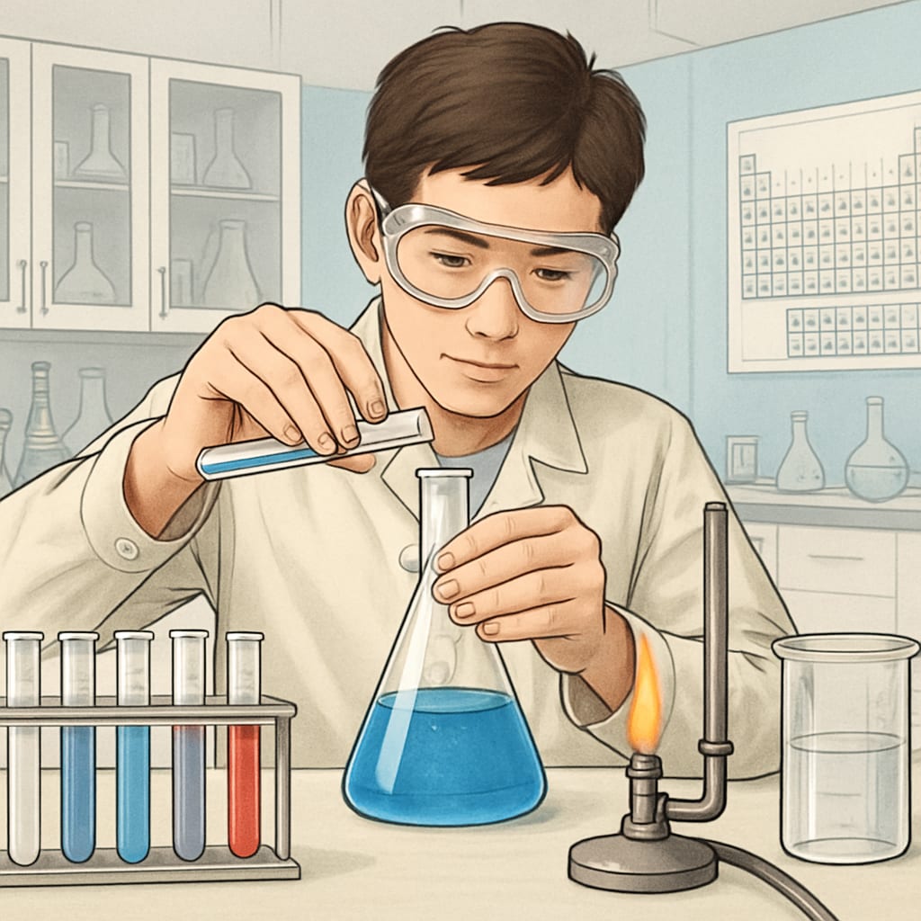 A high school student conducting a chemistry experiment with safety goggles and lab equipment High school chemistry research project in progress