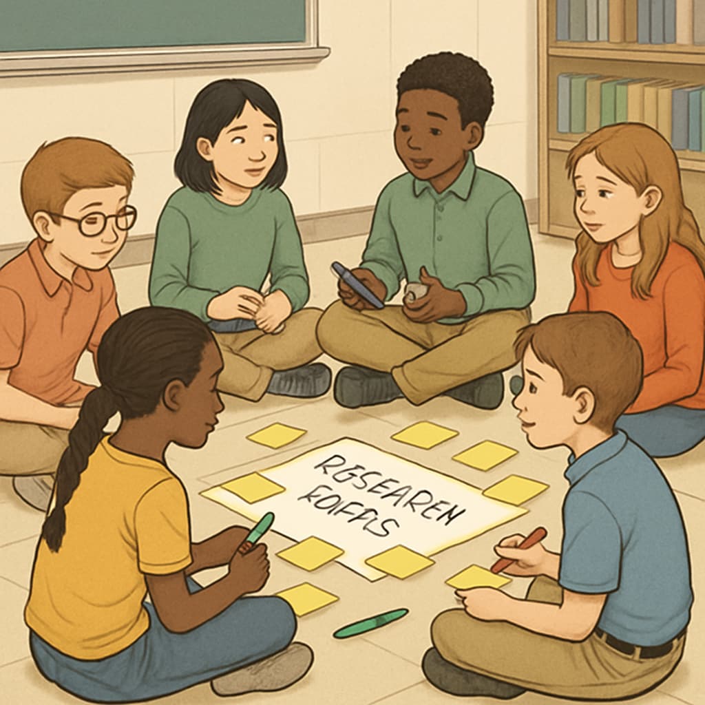 Students developing research questions in classroom