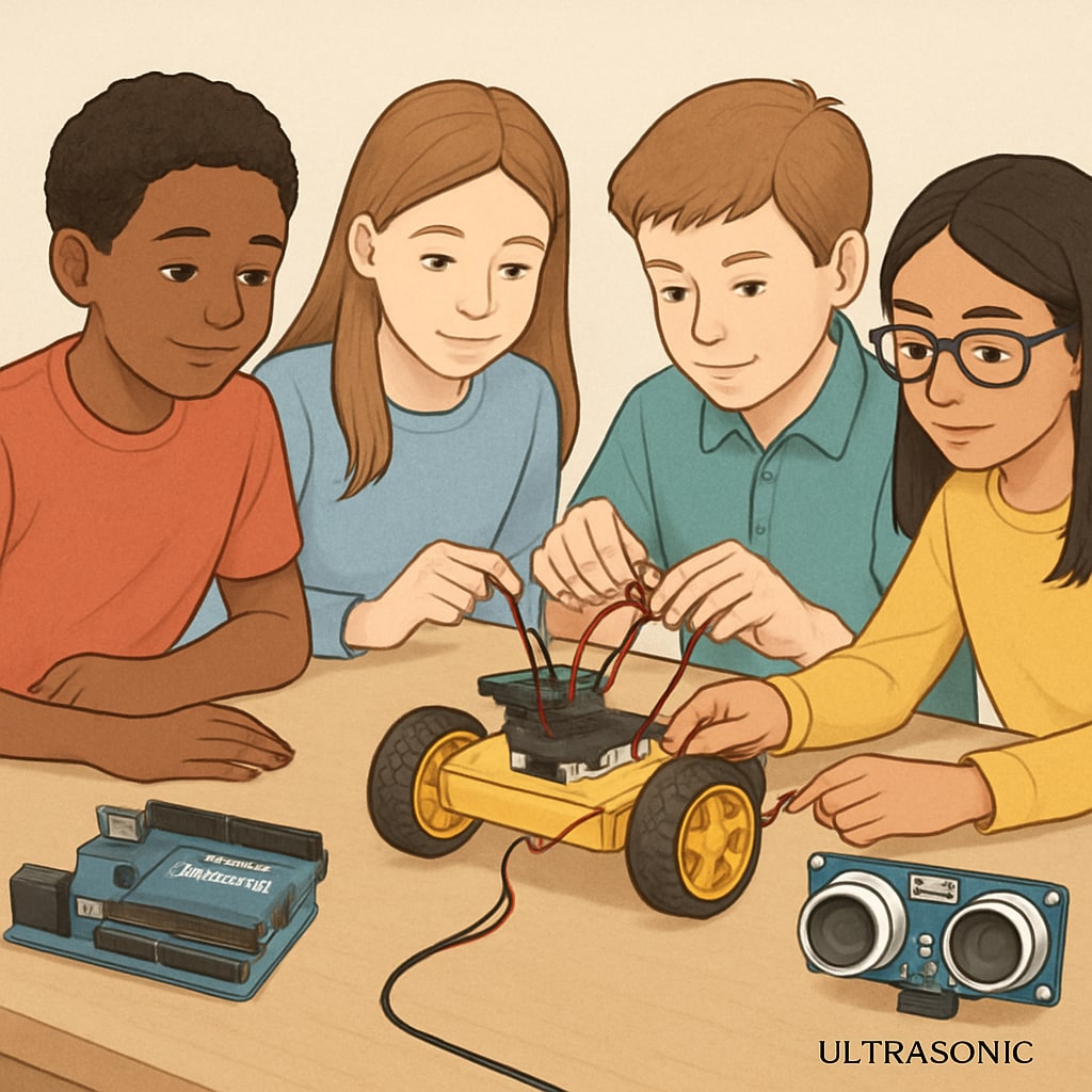 K12 beginner robotics course students learning project-based microcontroller programming