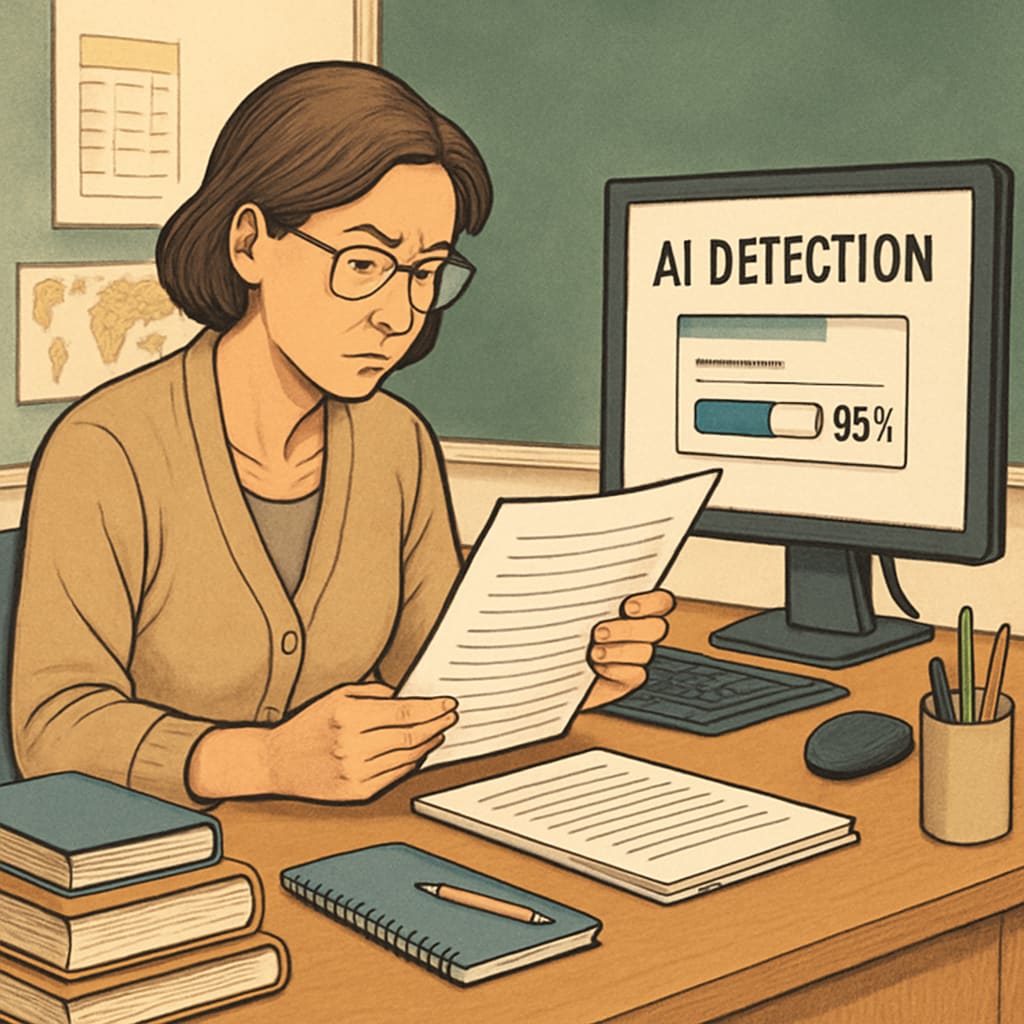 Educator critically assessing AI detection results