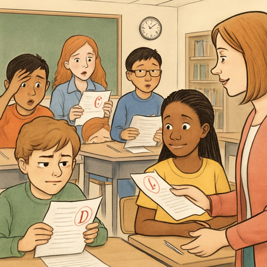 Diverse middle school students looking anxious as they receive graded test papers from their teacher, showing various emotional reactions to the scores. Students stressed by traditional grading systems in classroom