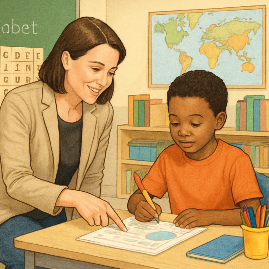 Teacher kneeling beside elementary student at table, pointing to details in the child's project work while providing individualized feedback. Alternative assessment through teacher-student feedback