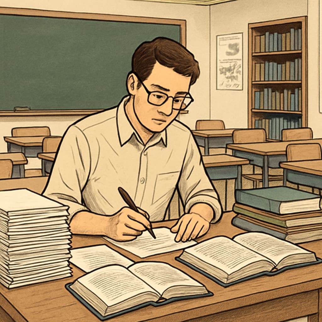 A tired contract educator working late in an empty classroom, surrounded by stacks of ungraded papers and research materials Contract teacher struggling with unpaid research demands