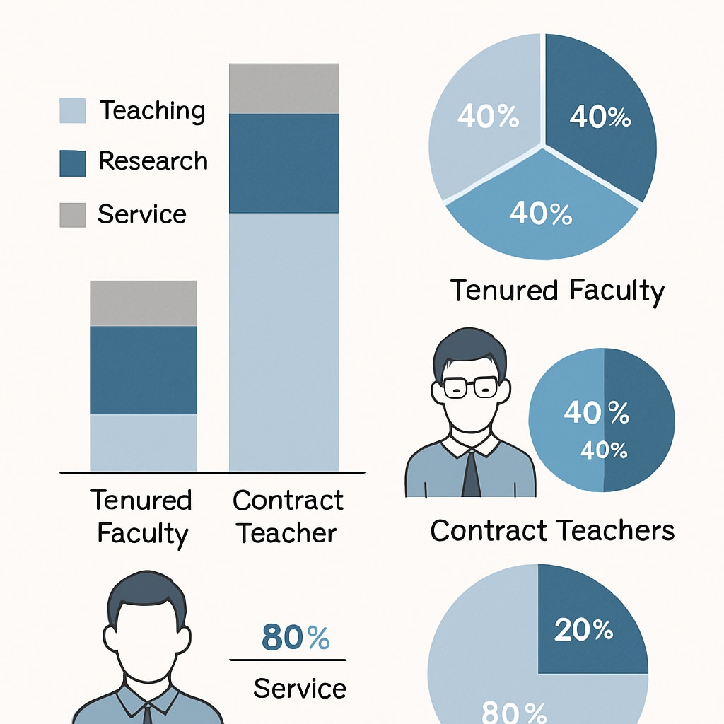 Infographic comparing workload distribution between tenured faculty and contract teachers, showing disproportionate research expectations Workload disparity in academic exploitation