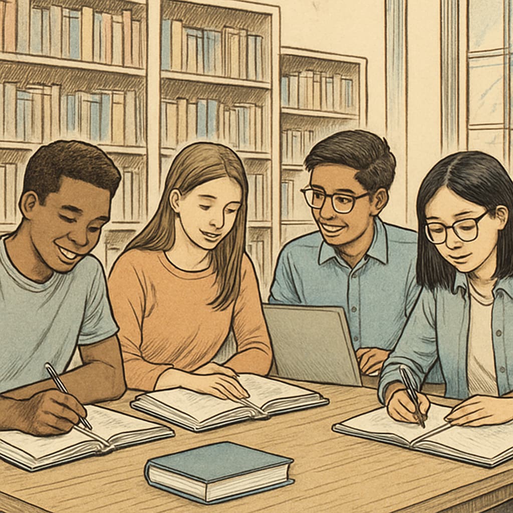 Multicultural group of young students studying together in university library setting, representing diverse early college entrants Grade-skipping students collaborating in university environment