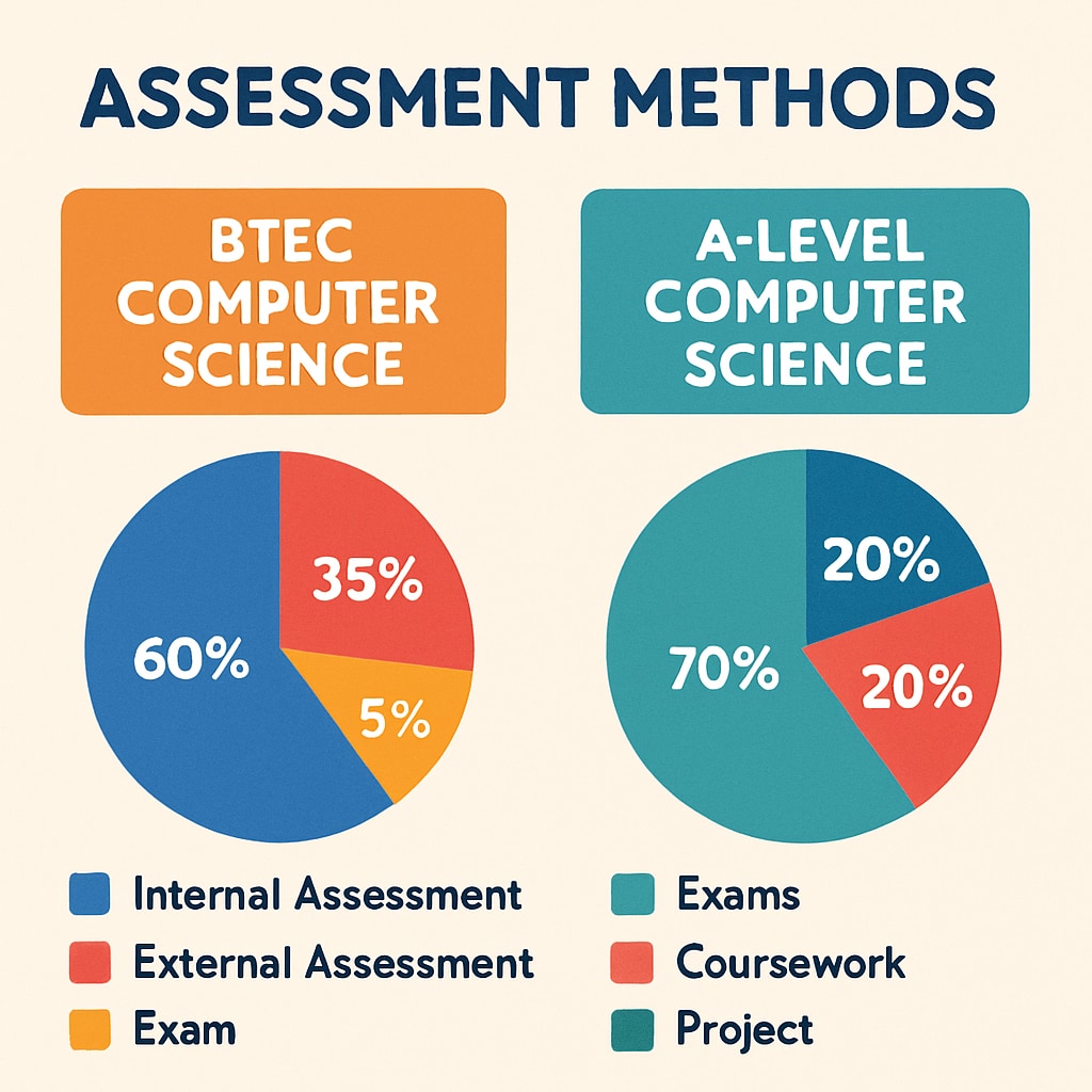 BTEC and A-level assessment methods comparison infographic