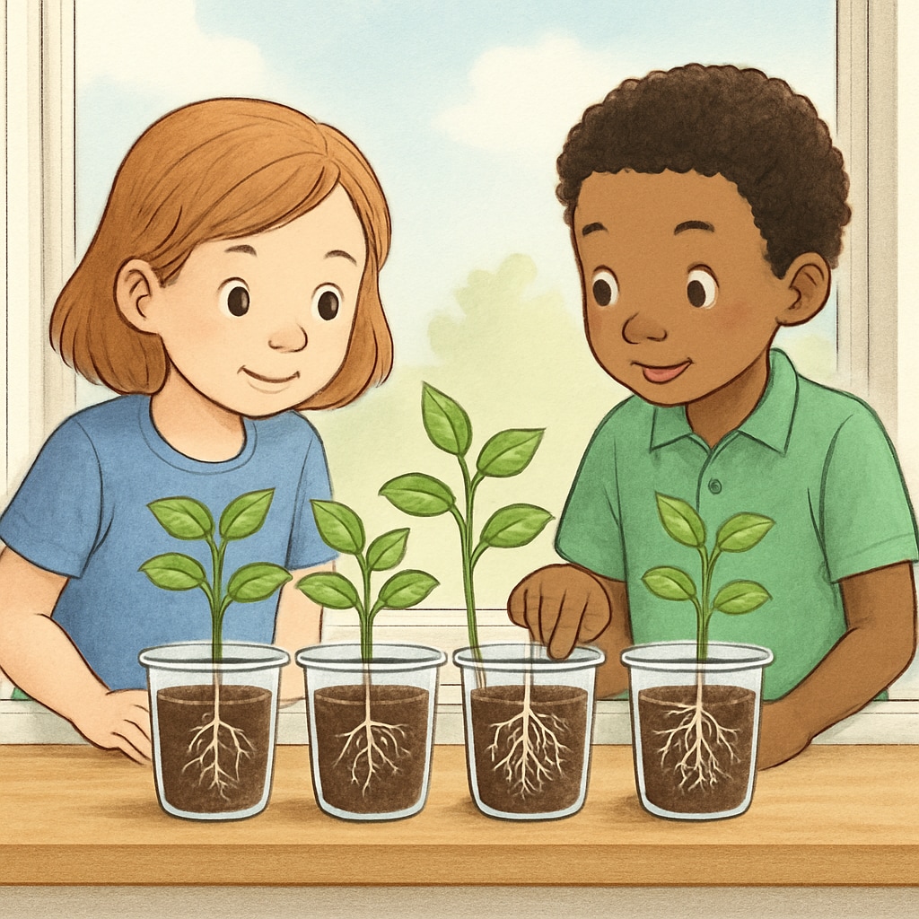 Two children observing plant roots growing in clear plastic containers on a windowsill Kids learning about plant biology through home science experiment