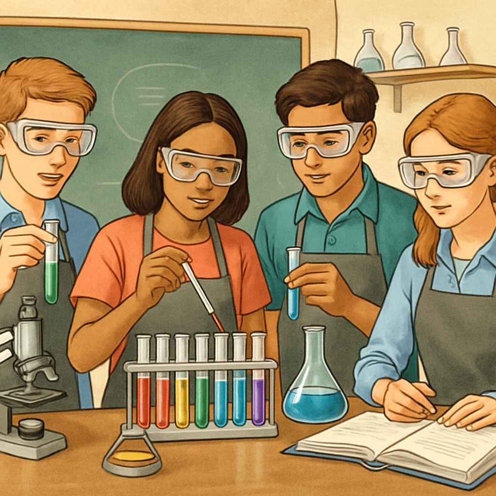 High school students wearing safety goggles while conducting experiments with colorful chemical solutions in test tubes Students performing chemistry research projects in school laboratory