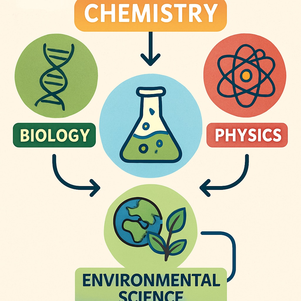 Colorful infographic showing connections between chemistry and other sciences with icons representing biology, physics, and environmental science Interdisciplinary connections for chemistry research projects