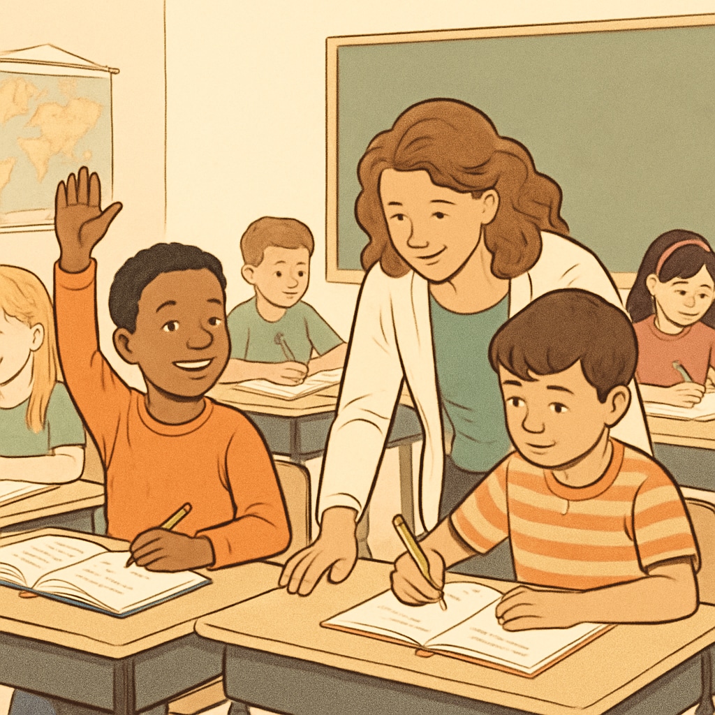 A diverse group of elementary school students working at their desks, with one student receiving one-on-one support from a teacher Classroom scene showing special education inclusion