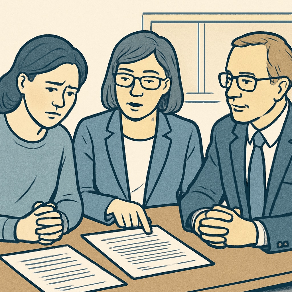 A concerned parent meeting with school administrators, reviewing official documents together IEP discussion meeting between parents and educators