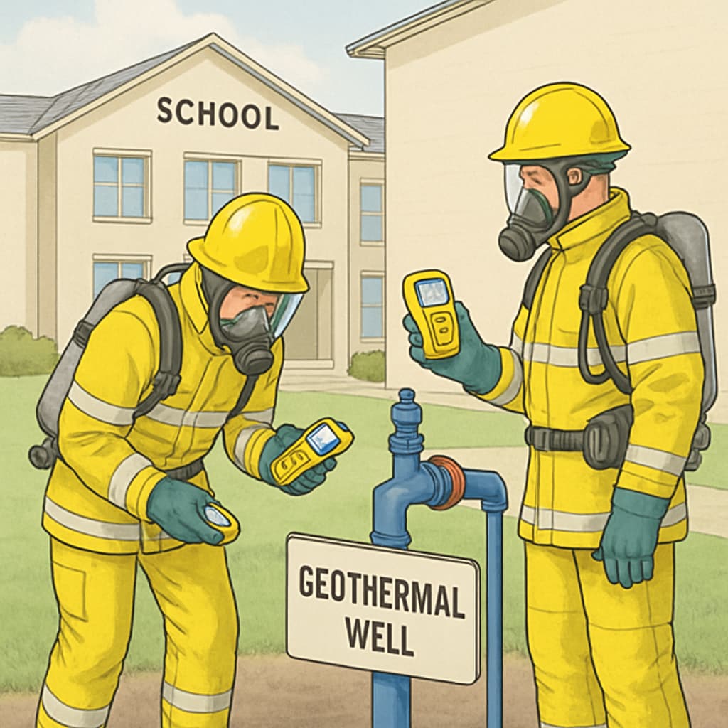Emergency personnel in protective gear using gas detectors near a school's geothermal wellhead Methane leak detection at school geothermal well