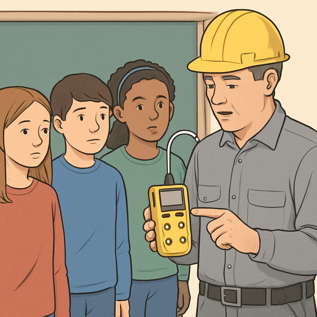 Group of middle school students observing safety demonstration with gas monitoring equipment Students learning about geothermal well safety