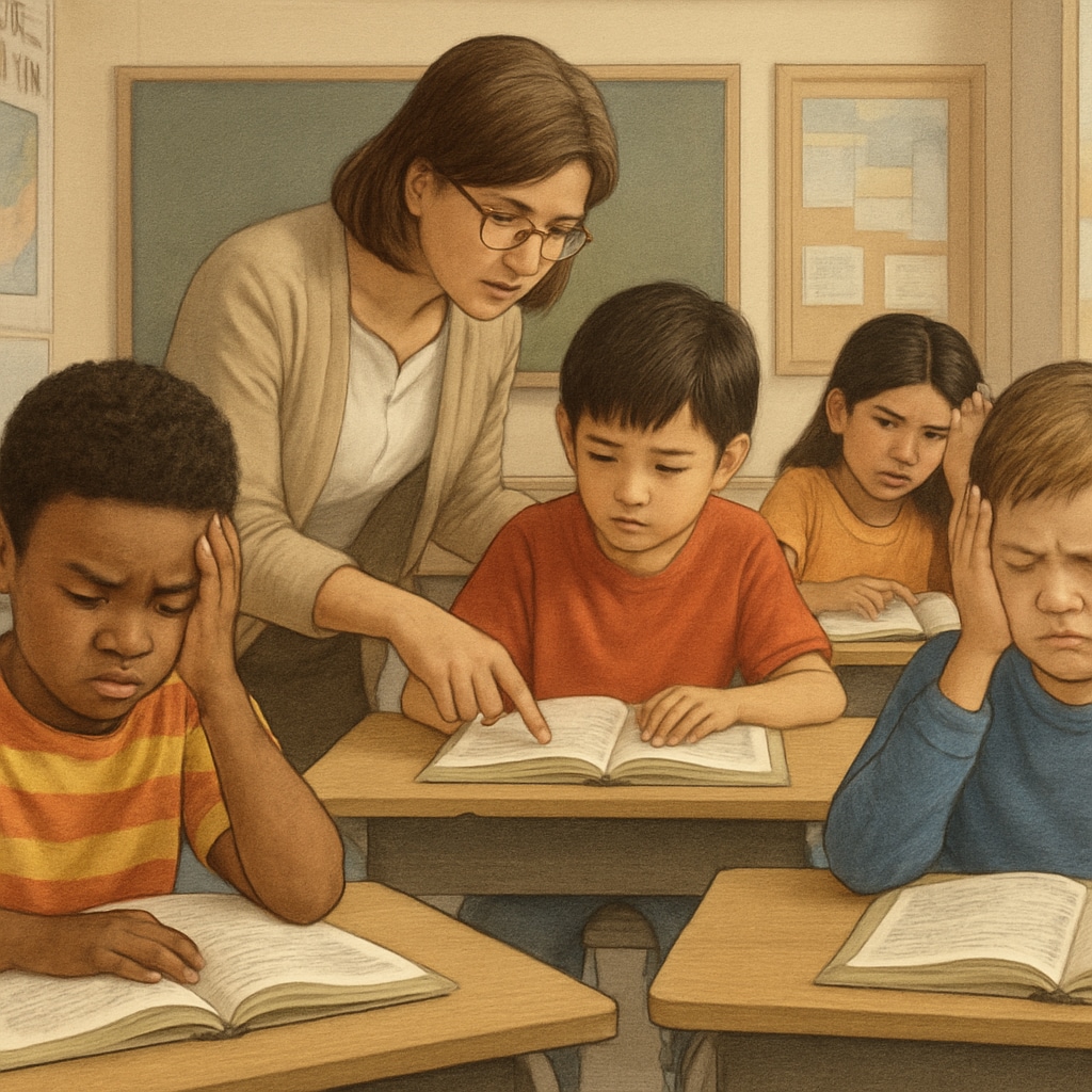 Elementary school classroom showing diverse students of different ethnicities struggling with reading materials, with some looking frustrated while others receive individual teacher attention Students experiencing reading difficulties in classroom - school-to-prison pipeline risk factors