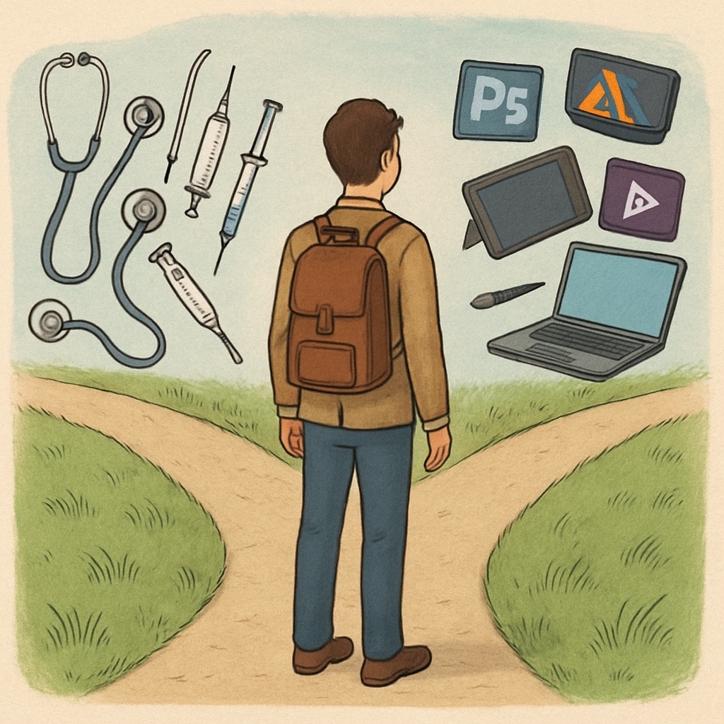 A conflicted young professional at a crossroads between medical equipment and digital content tools Career transition from physical therapy to content creation
