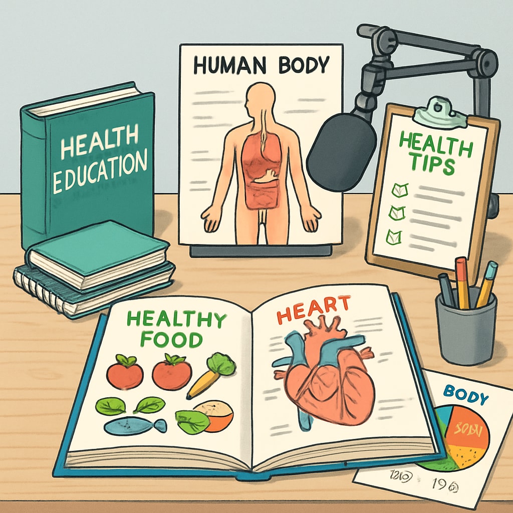 A well-organized content creation workspace with health education materials visible Content creator with healthcare background