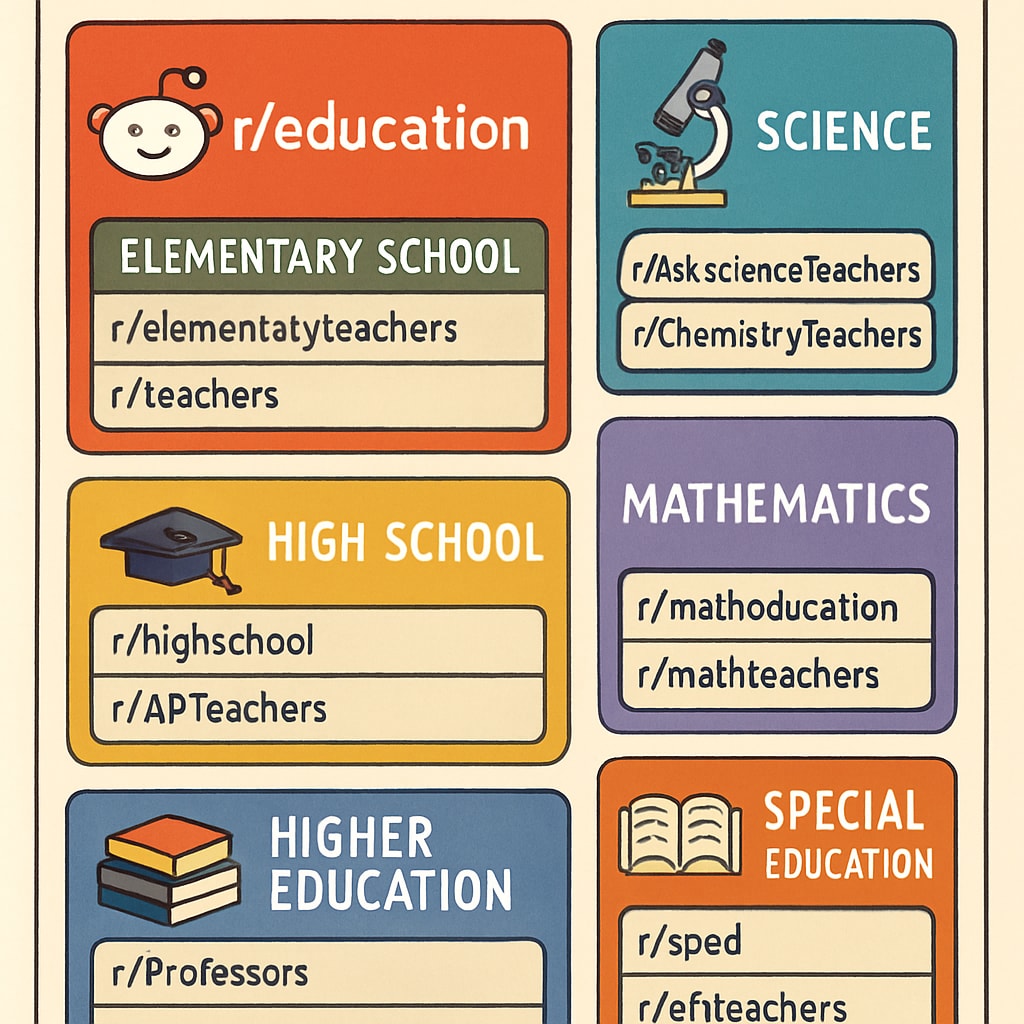 Infographic showing Reddit's education subreddit network with color-coded sections for different subjects and grade levels Visual guide to education subreddits and community rules