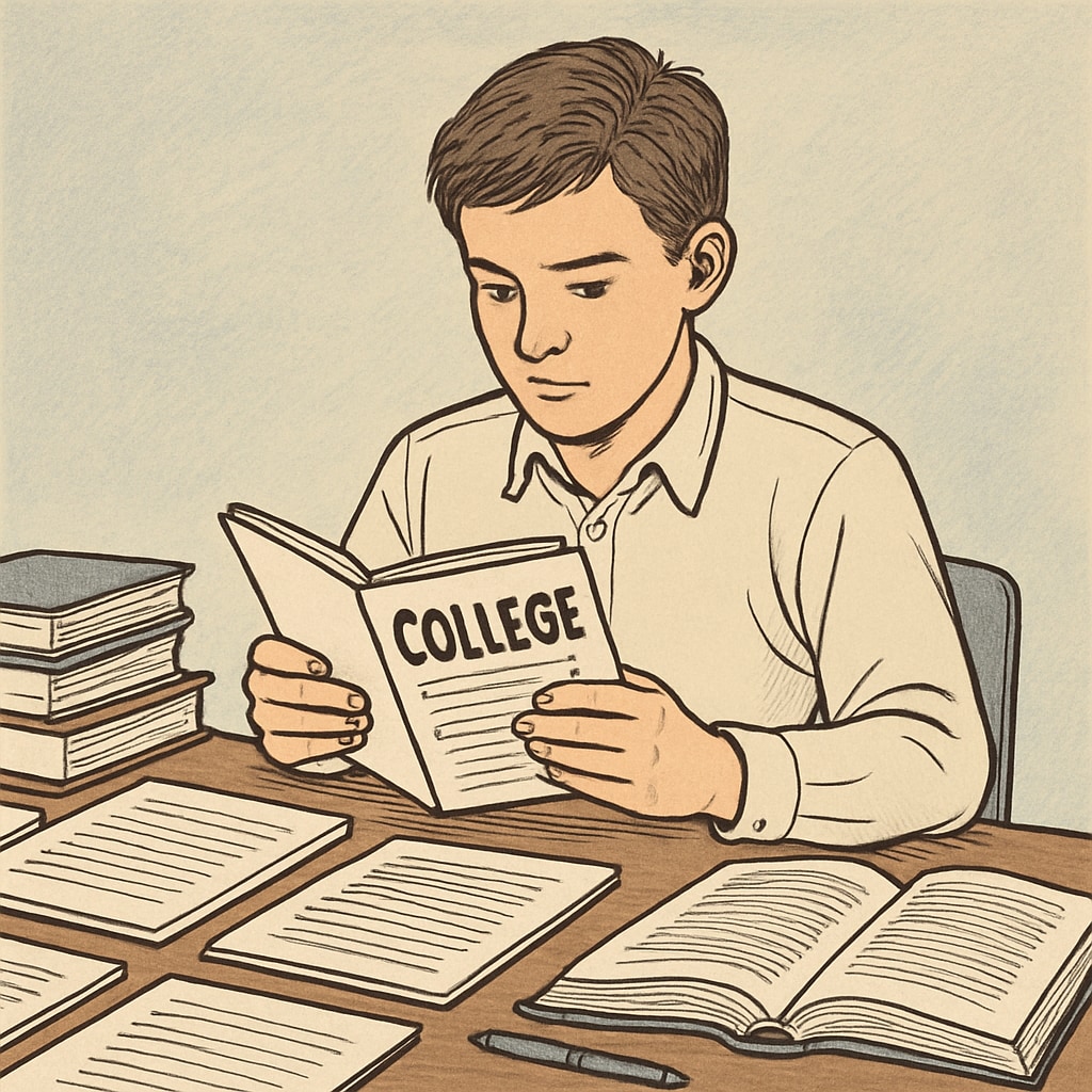 A high school student with focused expression reviewing college materials amidst organized chaos of papers and books High-IQ student planning educational restart after academic interruption