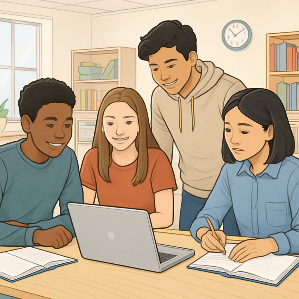 Diverse group of teens working together in bright classroom with laptop and notebooks Collaborative learning environment for restarting interrupted education