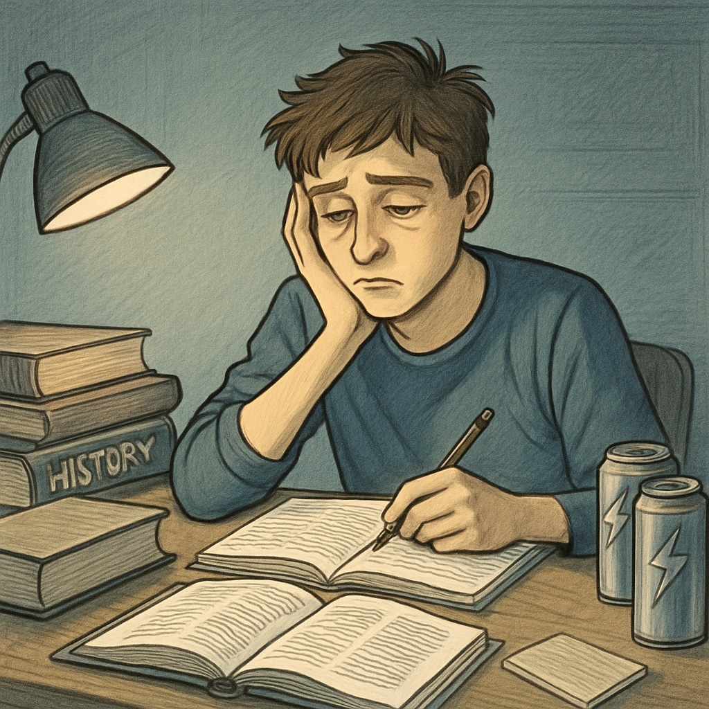 A high school student working at a desk late at night, visibly exhausted with heavy textbooks and energy drinks nearby Sleep deprivation impacts on student mental health and school performance