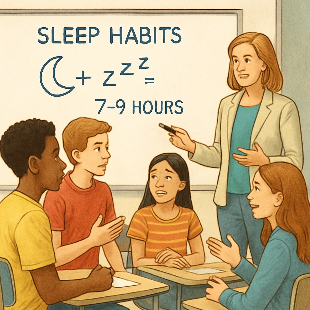 Diverse group of teenagers discussing sleep habits with an instructor using a whiteboard Collaborative solutions for school pressure and sleep health