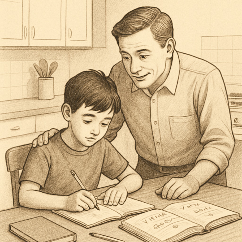 A young student working on math homework at a kitchen table with a parent providing guidance Parent and child engaged in homework discussion