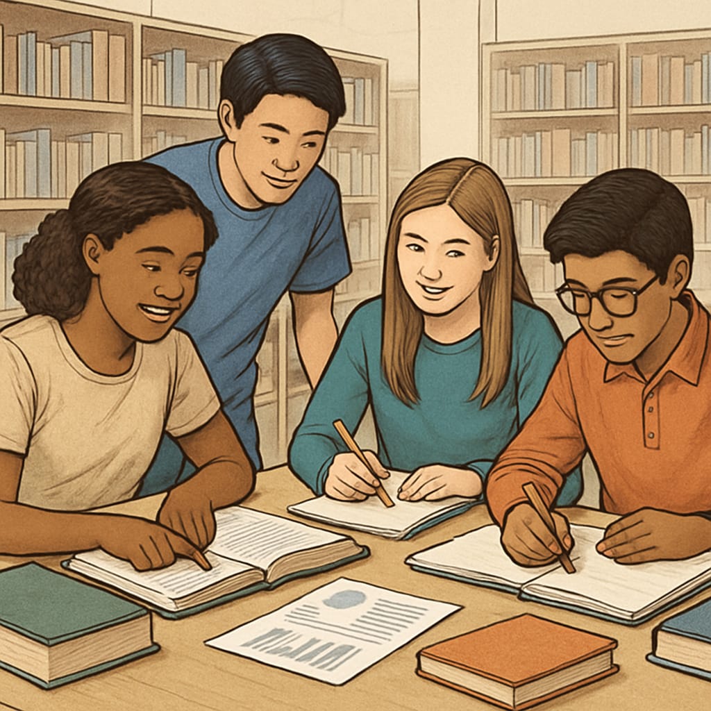 Group of diverse high school students working together on a project at library tables Students collaborating on alternative homework assignment