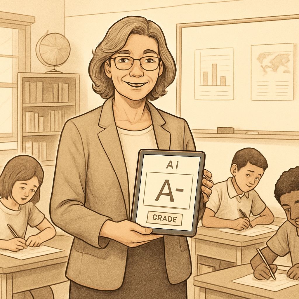 A middle-aged female teacher in a classroom using a tablet with visible AI grading interface, surrounded by engaged students working on papers Educator utilizing AI education tools for efficient student assessment