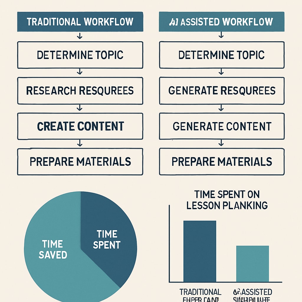 Infographic showing traditional lesson planning workflow versus AI-assisted process with time savings comparison Teaching assistance technology improving teacher time management