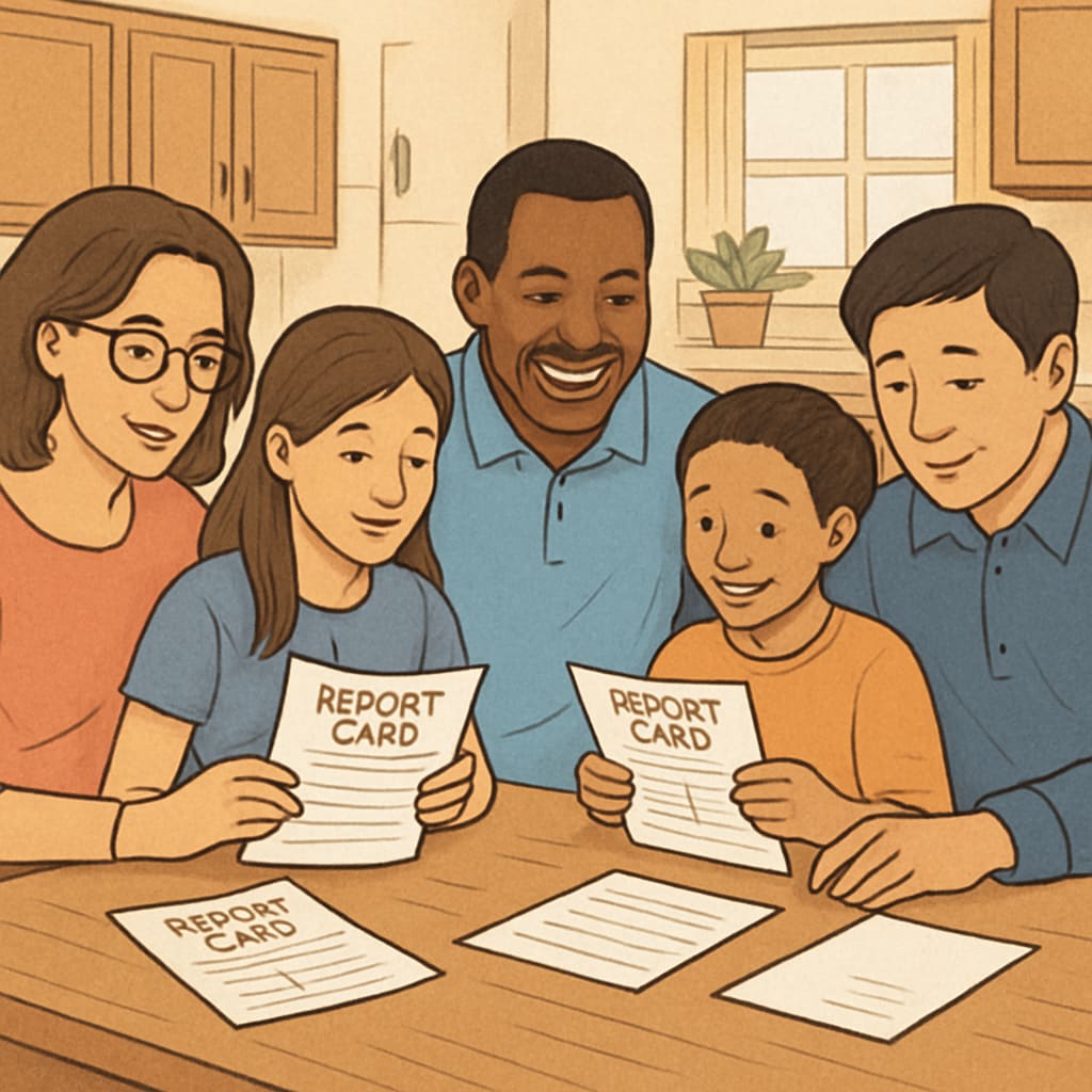 A diverse group of parents reviewing school report cards with children at a kitchen table, showing family engagement in education Parents and children discussing academic performance and child tax credits