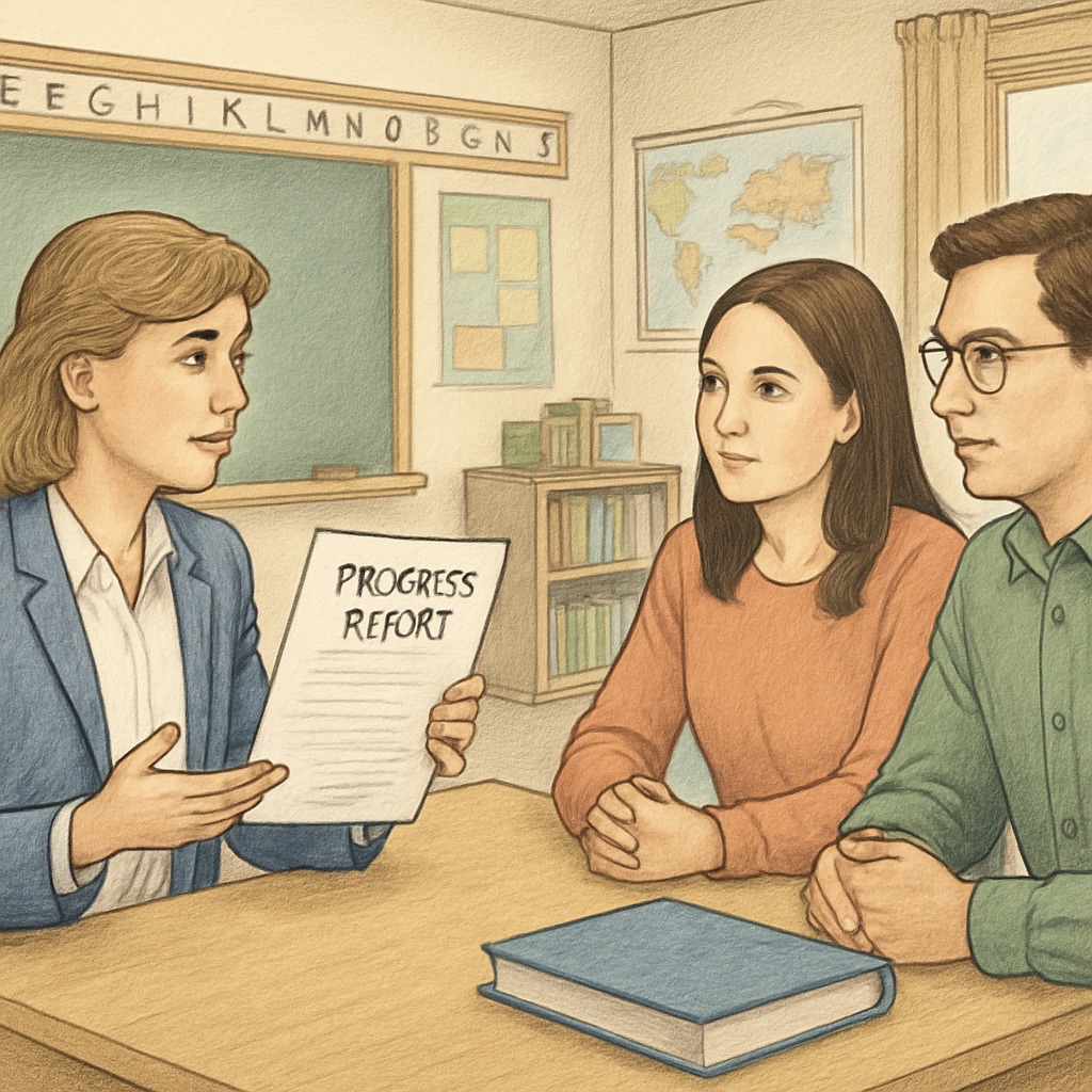 Teacher discussing a student's progress report with parents in a classroom setting Parent-teacher conference about student performance and tax benefits