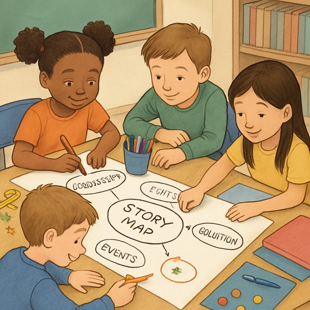 Elementary students working together on a story mapping activity using colorful materials Story-based learning transforming student identity through collaborative activities