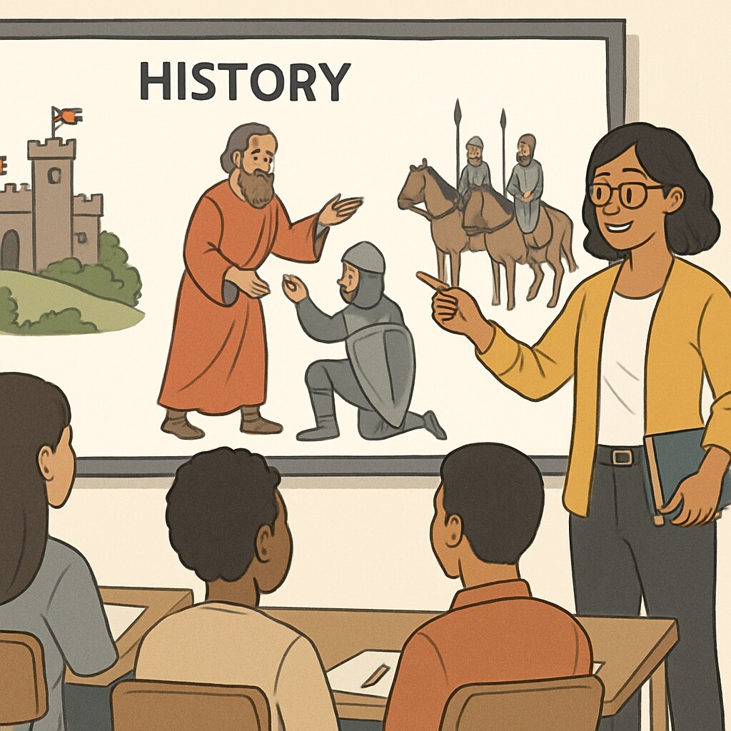 High school educator facilitating a story-based history lesson with interactive visuals Blueprint Decoded methodology in classroom story teaching