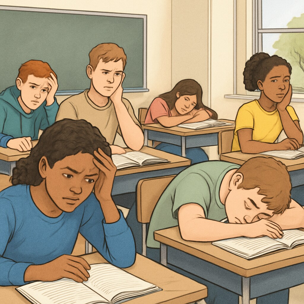 Diverse group of high school students showing stress during class, with some resting heads on desks High school students struggling with mental health and academic pressure
