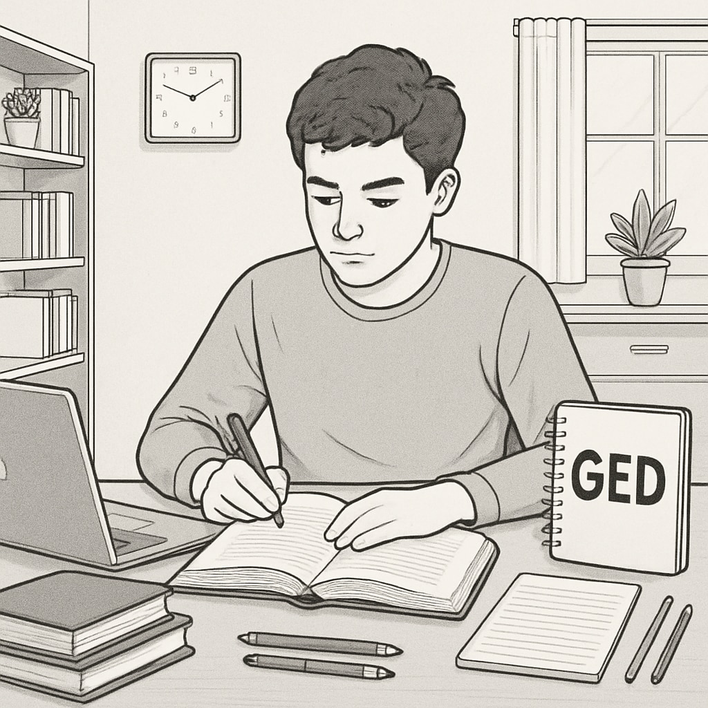 Young adult studying at home for GED exam with books and laptop Student preparing for GED certificate as alternative to traditional high school