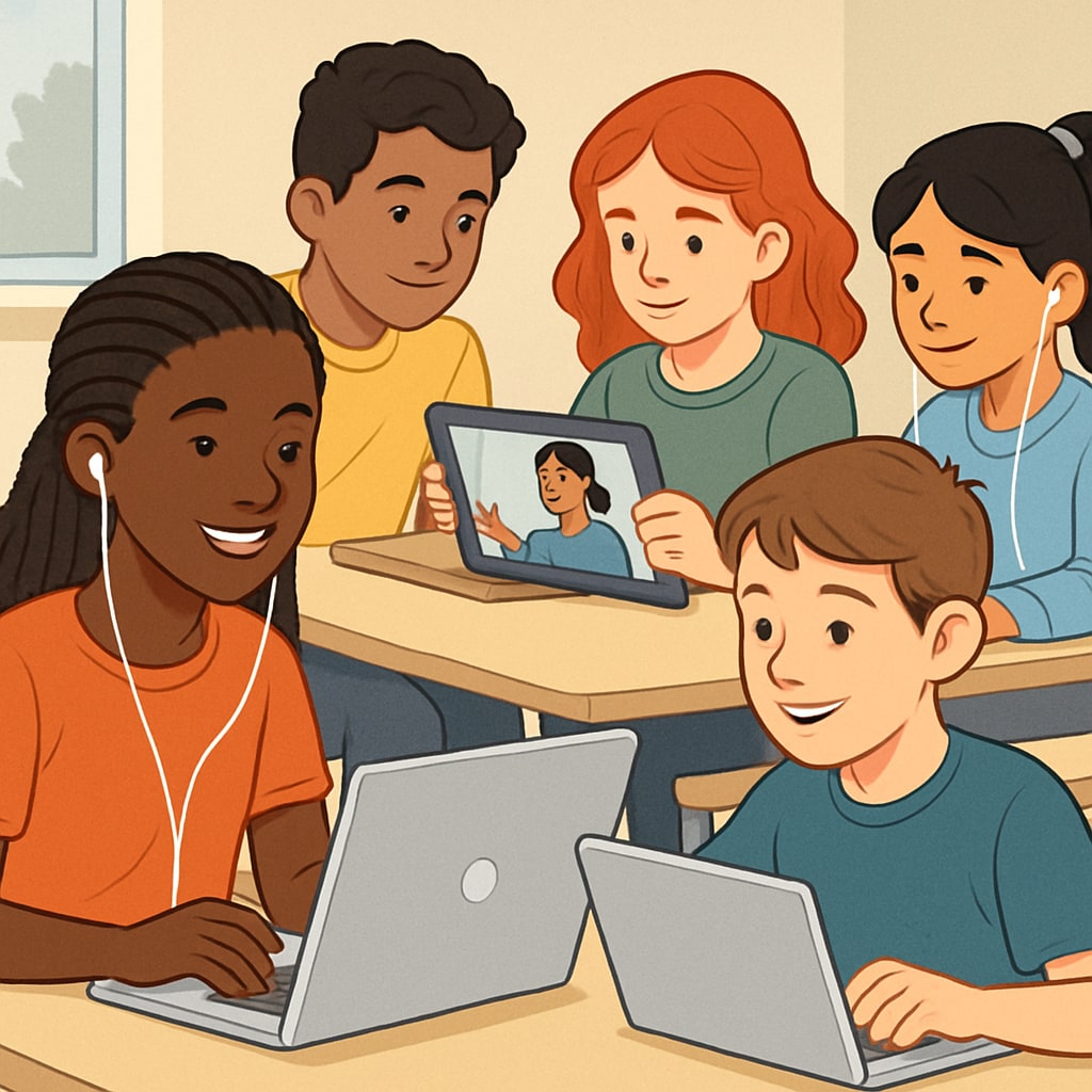 Diverse group of K12 students using laptops and tablets while participating in an online study session Students engaged in digital learning groups on Discord and WhatsApp