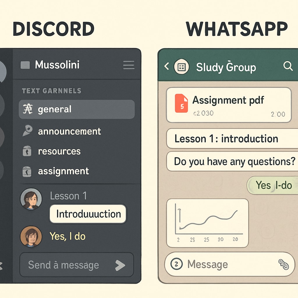 Side-by-side comparison of Discord and WhatsApp interfaces highlighting educational features Platform comparison for online study groups