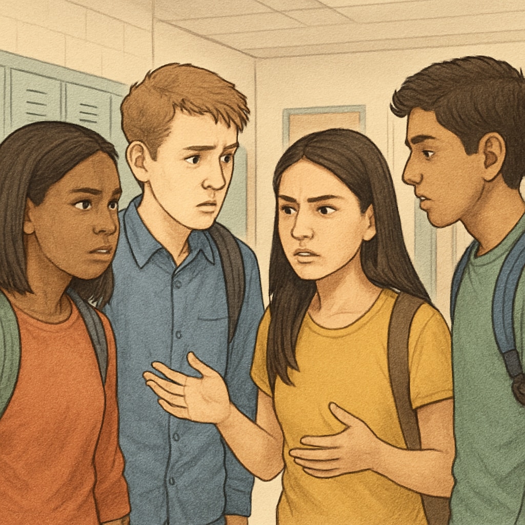 Diverse group of high school students having serious discussion in school hallway, demonstrating peer interaction challenges Students facing real-life challenges in school environment