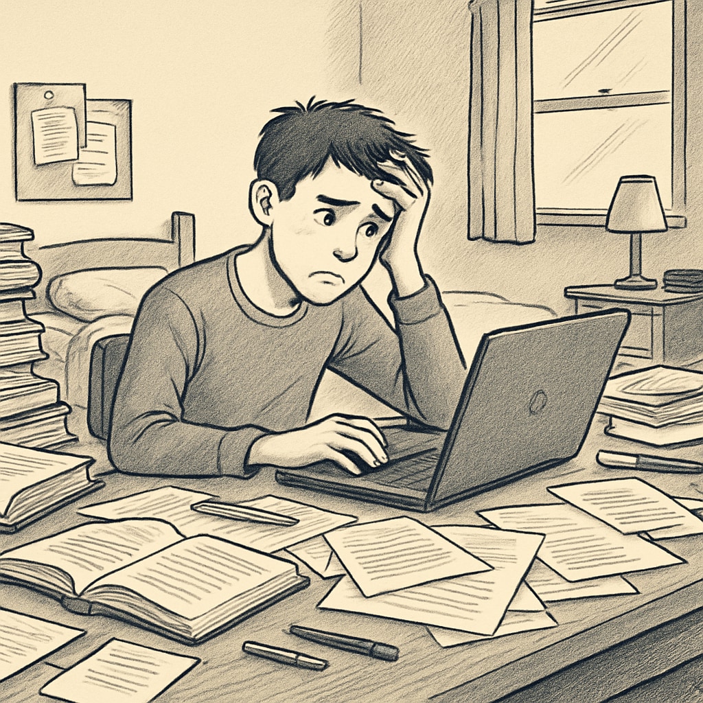 Stressed teenager with laptop surrounded by books and papers in disorganized bedroom Online learning challenges for isolated K12 student