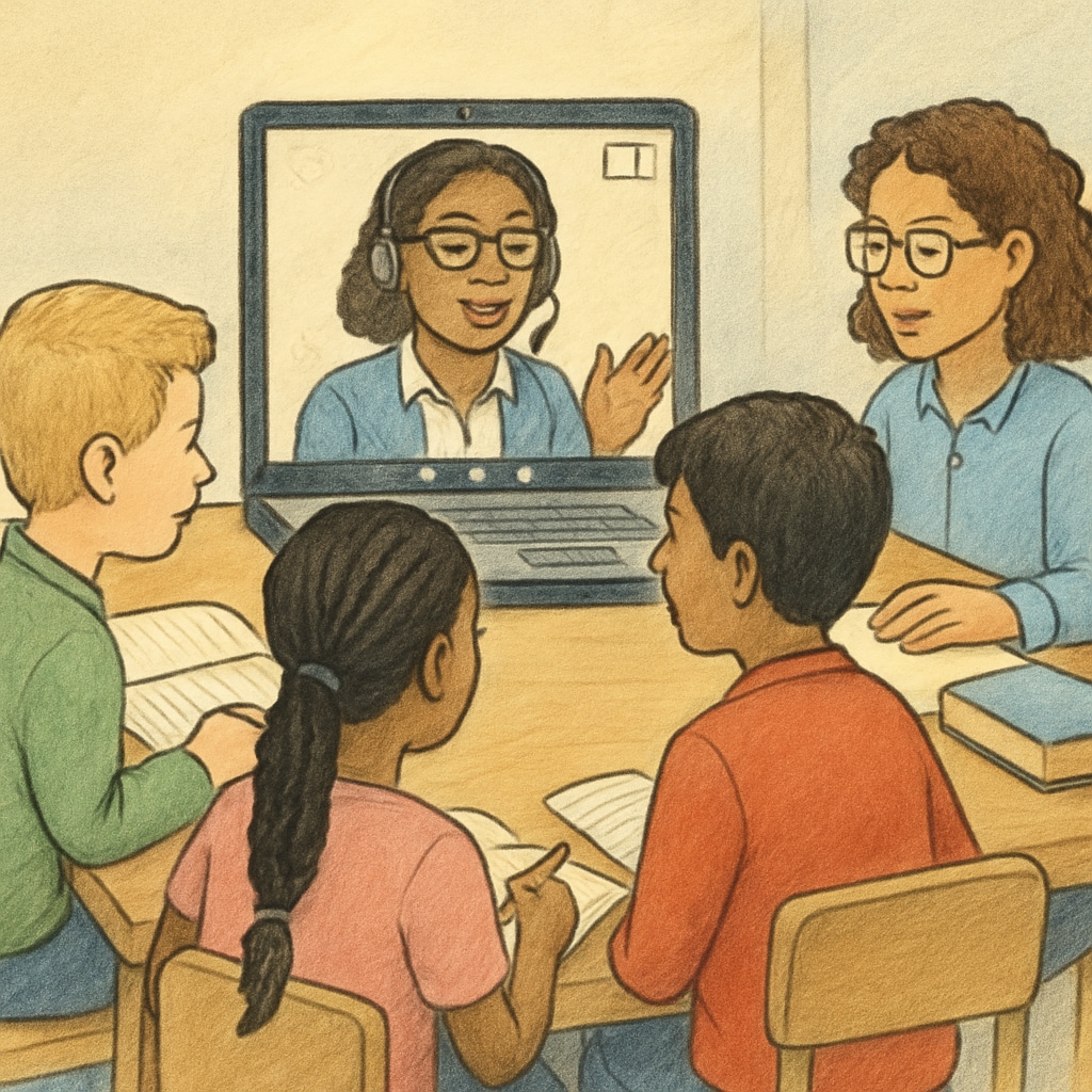 Diverse group of students engaged in video call with teacher Virtual classroom attempting to recreate school social interaction