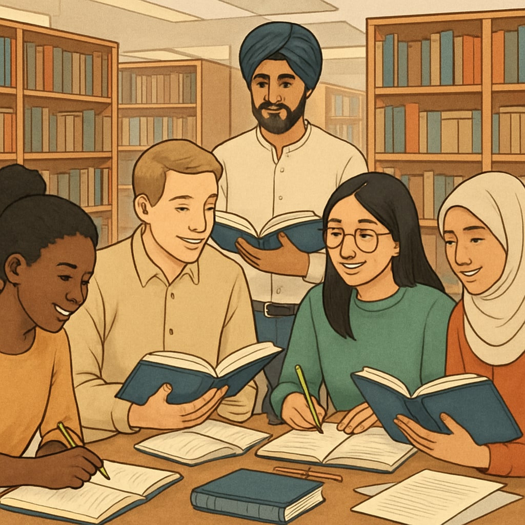A group of international students from various backgrounds engaged in study at a university library in Germany, representing the multicultural academic environment. International students studying together in Germany