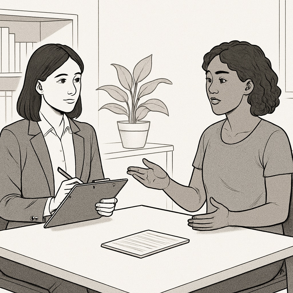 A female researcher interviewing a participant about workplace parental leave experiences Researcher conducting paid parental leave interview for academic study