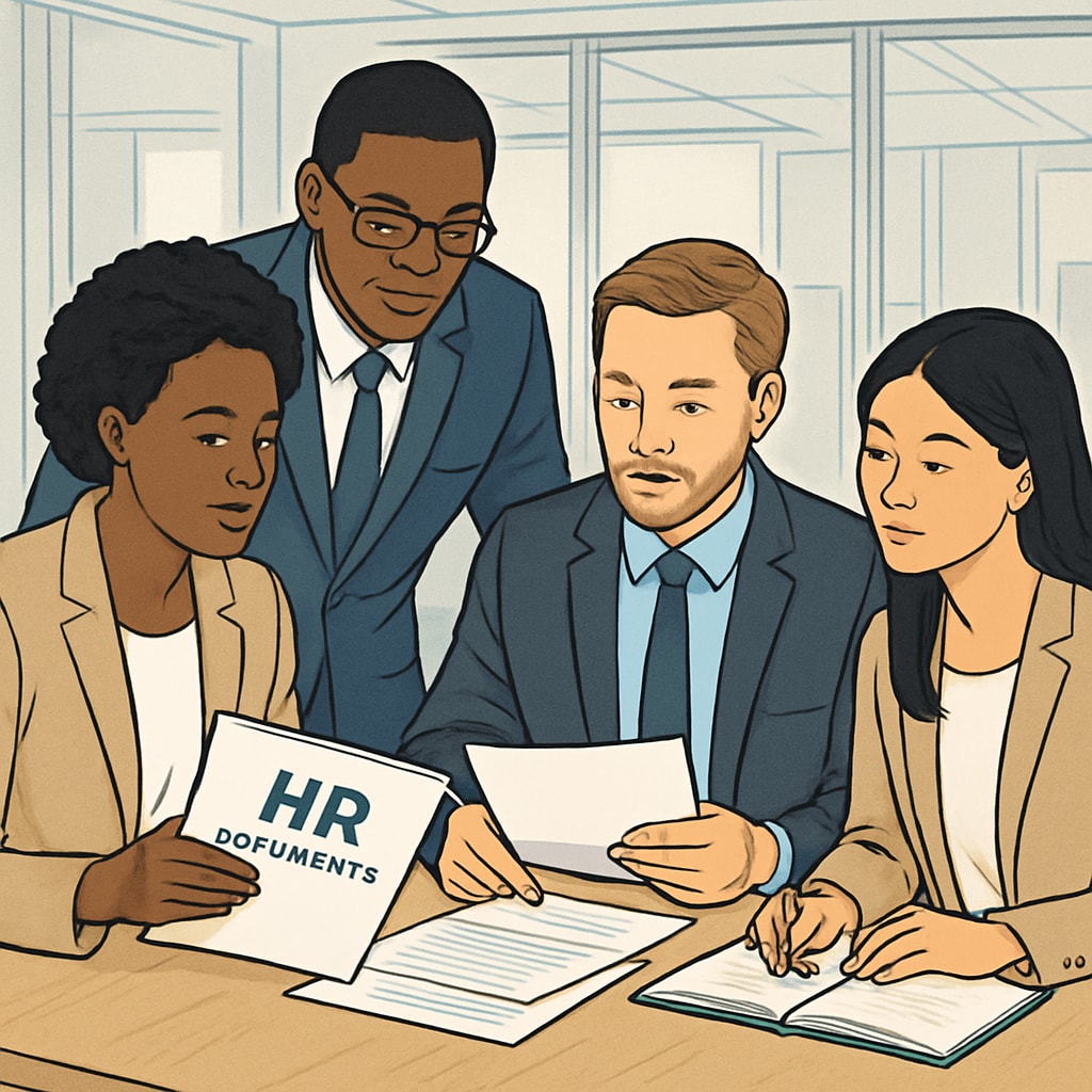 Diverse group of business professionals reviewing HR documents in modern office Corporate team discussing parental leave policy implementation