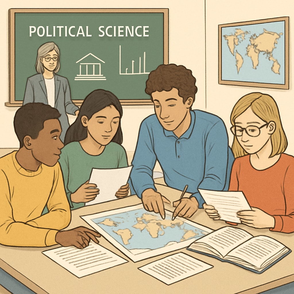 Diverse group of university students engaged in political science seminar discussion, using maps and policy documents Political science students at European universities analyzing global issues